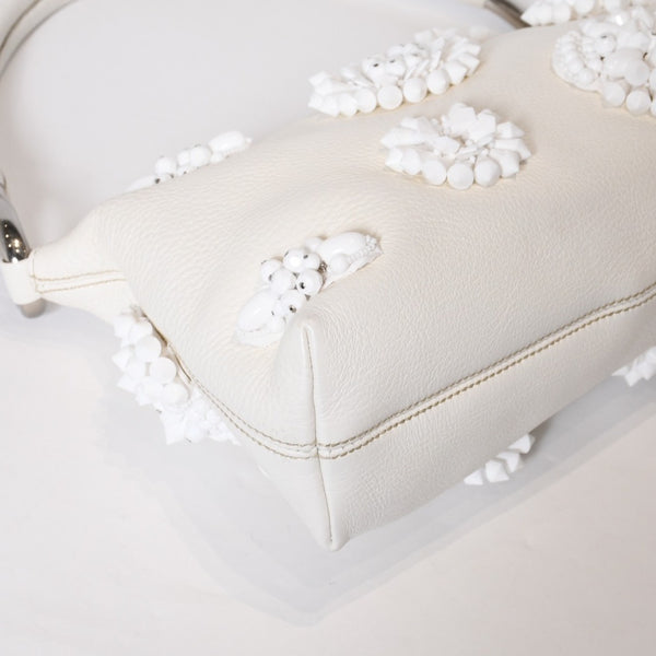 極美品 PRADA プラダ ホーボー ワンショルダー ハンドバッグ 2211B ビーズ レザー ホワイト 中古 4b013428