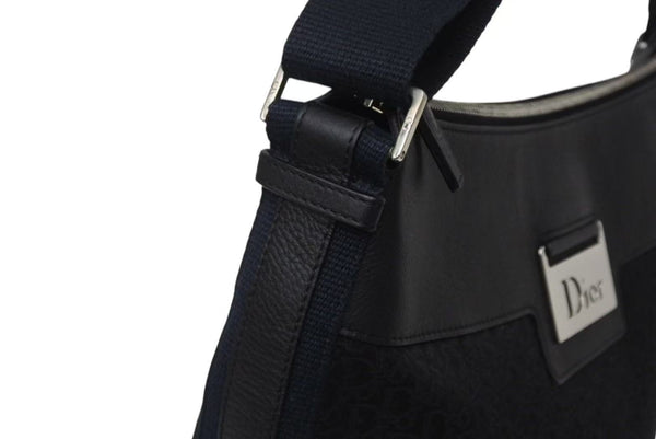 Very Good Condition Christian Dior Street Chic Oblique Shoulder Bag Black Navy Silver Hardware Logo Good Condition Used 4b001326