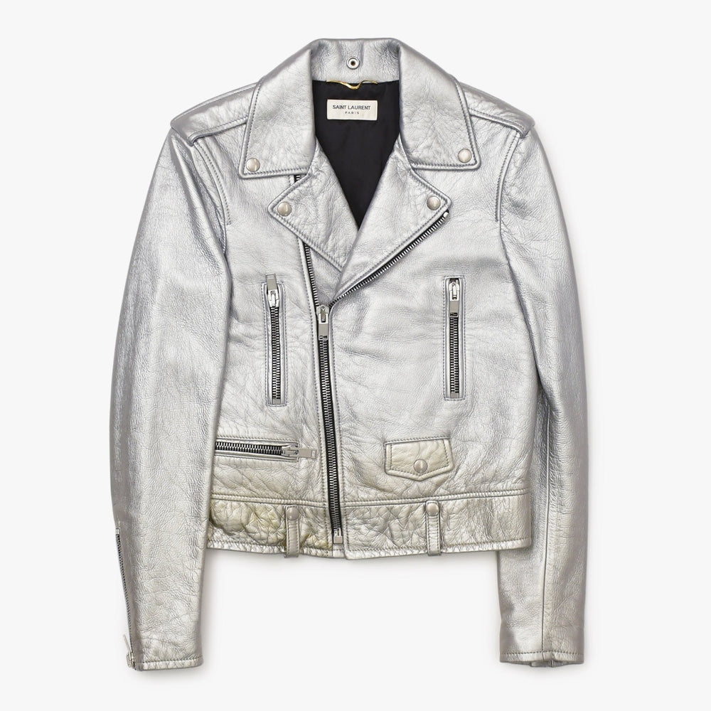 SAINT LAURENT PARIS サンローランパリ ライダースジャケット 羊革 シルバー サイズF36 美品 中古 4b013327