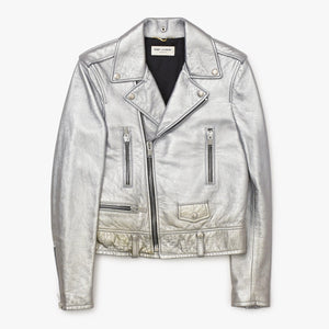 SAINT LAURENT PARIS サンローランパリ ライダースジャケット 羊革 シルバー サイズF36 美品 中古 4b013327