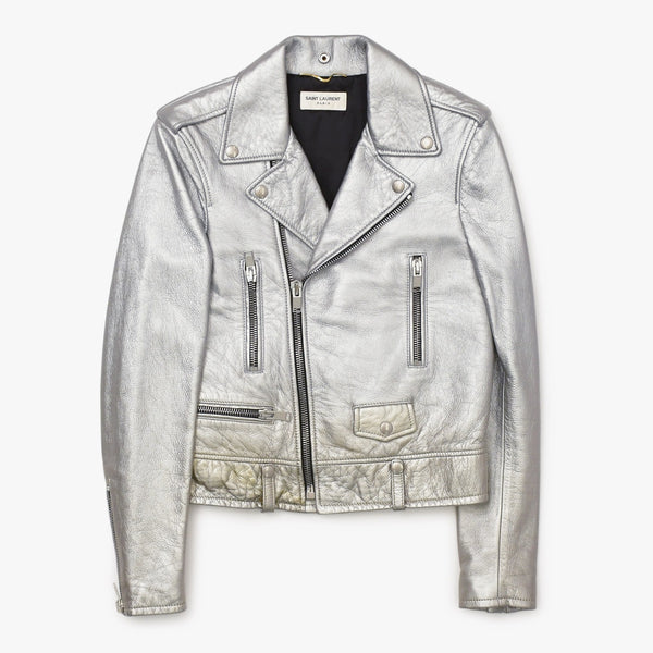 SAINT LAURENT PARIS サンローランパリ ライダースジャケット 羊革 シルバー サイズF36 美品 中古 4b013327