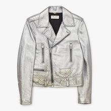 Load image into Gallery viewer, SAINT LAURENT PARIS サンローランパリ ライダースジャケット 羊革 シルバー サイズF36 美品 中古 4b013327
