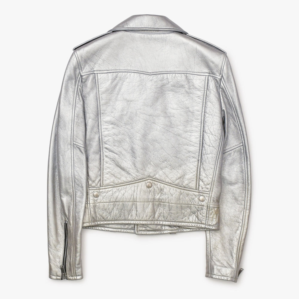 SAINT LAURENT PARIS サンローランパリ ライダースジャケット 羊革 シルバー サイズF36 美品 中古 4b013327