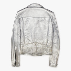 SAINT LAURENT PARIS サンローランパリ ライダースジャケット 羊革 シルバー サイズF36 美品 中古 4b013327