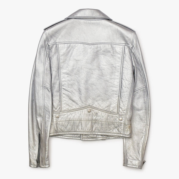 SAINT LAURENT PARIS サンローランパリ ライダースジャケット 羊革 シルバー サイズF36 美品 中古 4b013327