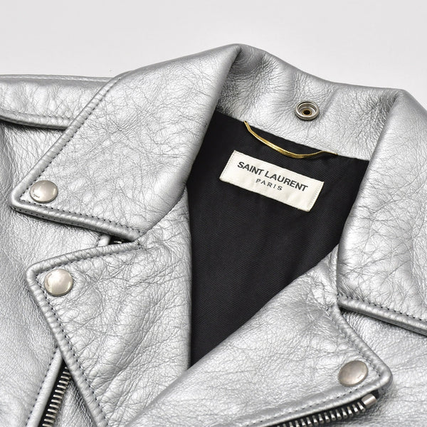 SAINT LAURENT PARIS サンローランパリ ライダースジャケット 羊革 シルバー サイズF36 美品 中古 4b013327