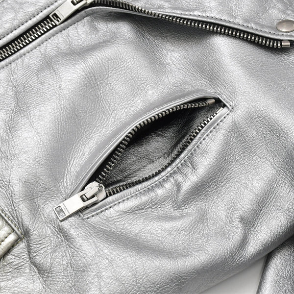 SAINT LAURENT PARIS サンローランパリ ライダースジャケット 羊革 シルバー サイズF36 美品 中古 4b013327