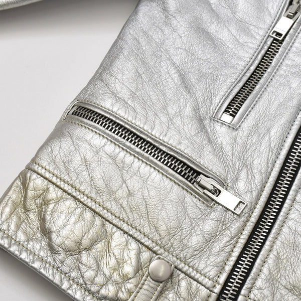 SAINT LAURENT PARIS サンローランパリ ライダースジャケット 羊革 シルバー サイズF36 美品 中古 4b013327