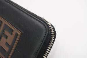 FENDI フェンディ FFロゴ ラウンドジップ 長財布 レザーウォレット レザー ブラック ブラウン シルバー金具 美品 中古 4b013235