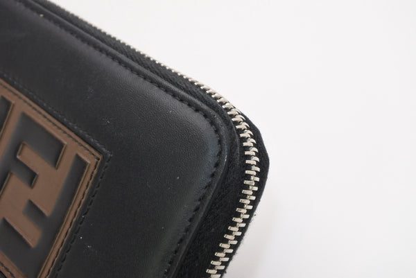 FENDI フェンディ FFロゴ ラウンドジップ 長財布 レザーウォレット レザー ブラック ブラウン シルバー金具 美品 中古 4b013235