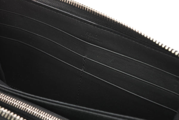 FENDI フェンディ FFロゴ ラウンドジップ 長財布 レザーウォレット レザー ブラック ブラウン シルバー金具 美品 中古 4b013235