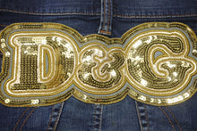 画像をギャラリービューアに読み込む, DOLCE&amp;GABBANA ドルチェアンドガッバーナ デニムスパンコールロゴミニスカート ブルー ゴールド コットン 24/38 美品 中古 4b001344