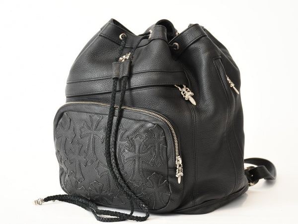 新品未使用 CHROME HEARTS クロムハーツ STRANGE LOVE BAG リュック セメタリー クロスパッチ スモールクロス レザー ブラック 中古 4b013459