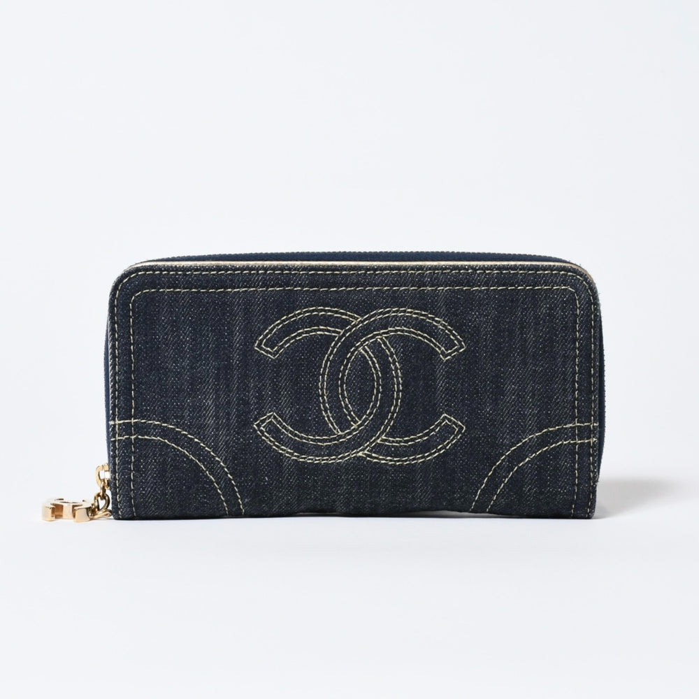 CHANEL シャネル ココマーク ラウンド長財布 10番台 ブルー デニム レザー ゴールド金具 美品 中古 4b013609