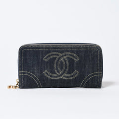 CHANEL シャネル ココマーク ラウンド長財布 10番台 ブルー デニム レザー ゴールド金具 美品 中古 4b013609