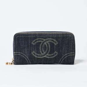 CHANEL シャネル ココマーク ラウンド長財布 10番台 ブルー デニム レザー ゴールド金具 美品 中古 4b013609
