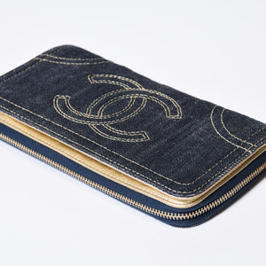 CHANEL シャネル ココマーク ラウンド長財布 10番台 ブルー デニム レザー ゴールド金具 美品 中古 4b013609