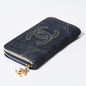 CHANEL シャネル ココマーク ラウンド長財布 10番台 ブルー デニム レザー ゴールド金具 美品 中古 4b013609