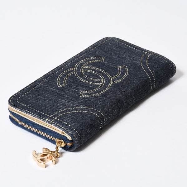 CHANEL シャネル ココマーク ラウンド長財布 10番台 ブルー デニム レザー ゴールド金具 美品 中古 4b013609