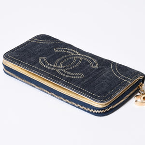 CHANEL シャネル ココマーク ラウンド長財布 10番台 ブルー デニム レザー ゴールド金具 美品 中古 4b013609