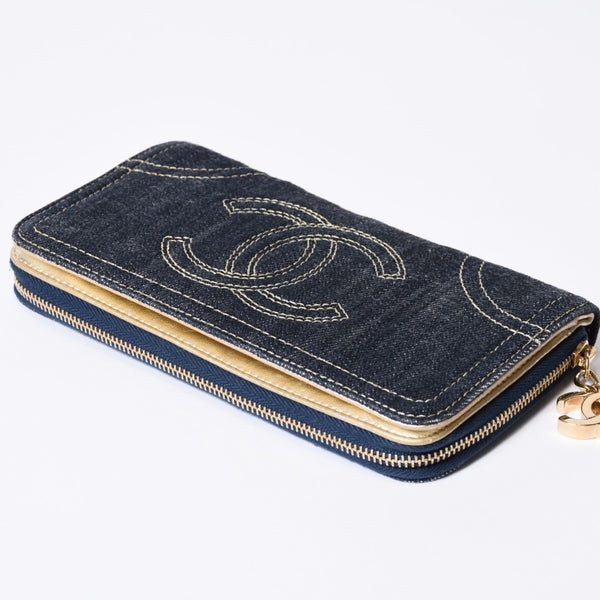 CHANEL シャネル ココマーク ラウンド長財布 10番台 ブルー デニム レザー ゴールド金具 美品 中古 4b013609