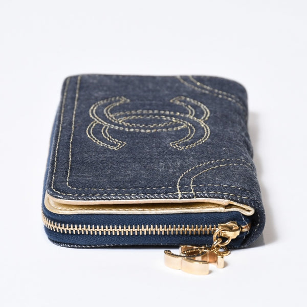 CHANEL シャネル ココマーク ラウンド長財布 10番台 ブルー デニム レザー ゴールド金具 美品 中古 4b013609