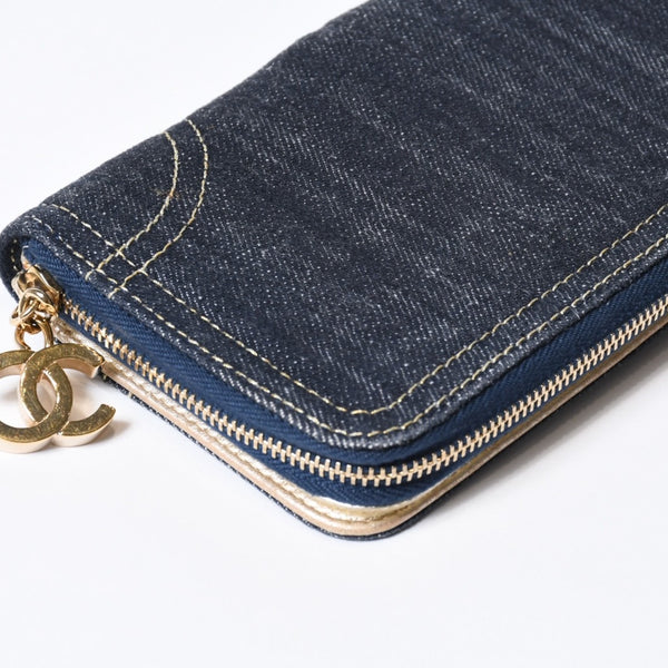 CHANEL シャネル ココマーク ラウンド長財布 10番台 ブルー デニム レザー ゴールド金具 美品 中古 4b013609