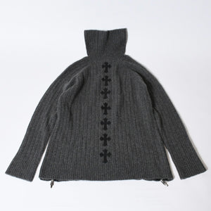 極美品 CHROME HEARTS クロムハーツ カシミヤ ハイネックニットセーター サイズM CHクロスパッチ 7パッチ サイドダガージップ 中古 4b013649