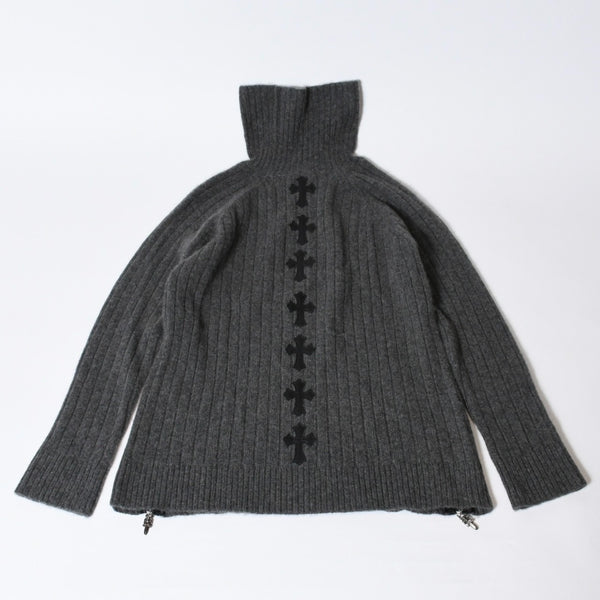 極美品 CHROME HEARTS クロムハーツ カシミヤ ハイネックニットセーター サイズM CHクロスパッチ 7パッチ サイドダガージップ 中古 4b013649