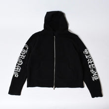 Load image into Gallery viewer, CHROME HEARTS クロムハーツ カシミヤ ニットカーディガン フーディ サイズM 袖ロゴ ブラック レザー シルバー925 美品 中古 4b013785