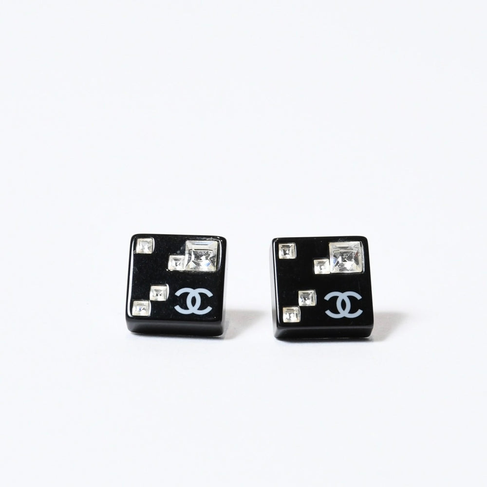 CHANEL シャネル ココマーク ピアス 重量約２.45g 05A刻印 アクリル ラインストーン ブラック クリア シルバー 両耳用 良品 中古 4b013728