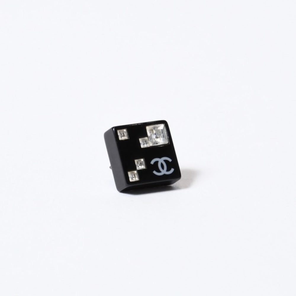 CHANEL Coco Mark Earrings Weight Approximately 2.45g 05A Engraved Acrylic Rhinestone Black Clear Silver For Both Ears Good Product Used 4b013728