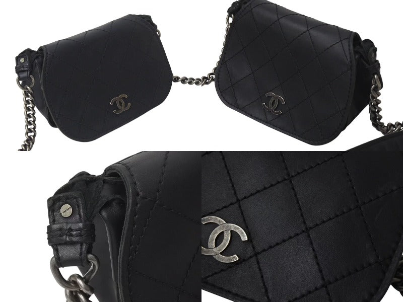CHANEL Wild Stitch Chain Shoulder Bag Made in France No. 18 Leather Black Black Metal Hardware Good Condition Used 4b001378