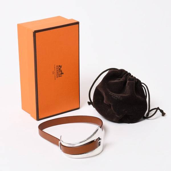 HERMES エルメス BELT MOTIF レザーベルト ブレスレット ブラウン シルバー925 美品 中古 4b013965