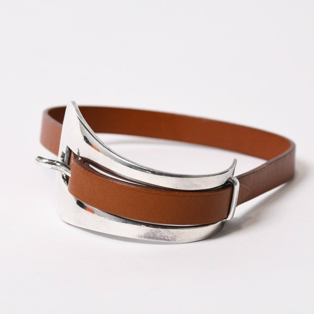HERMES エルメス BELT MOTIF レザーベルト ブレスレット ブラウン シルバー925 美品 中古 4b013965