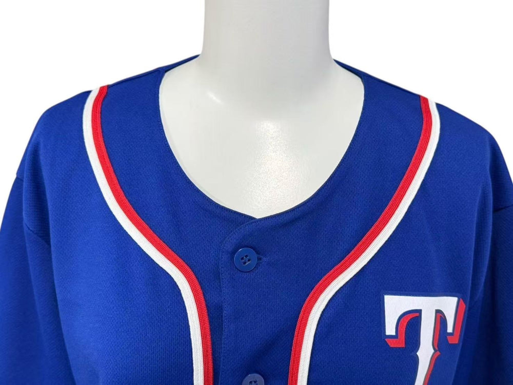 極美品 MLBRangers エムエルビー テキサスレンジャース ベースボールシャツ ユニフォーム ブルー ホワイト レッド ブルー XL 中古 4b001410