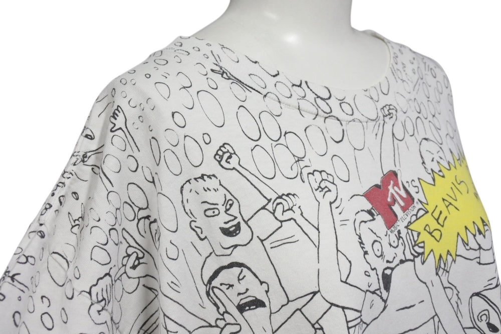 VINTAGE ヴィンテージ BEAVIS AND BUTT-HEAD ビーバスアンドバットヘッド 半袖Tシャツ ホワイト 総柄 美品 中古 4b001544