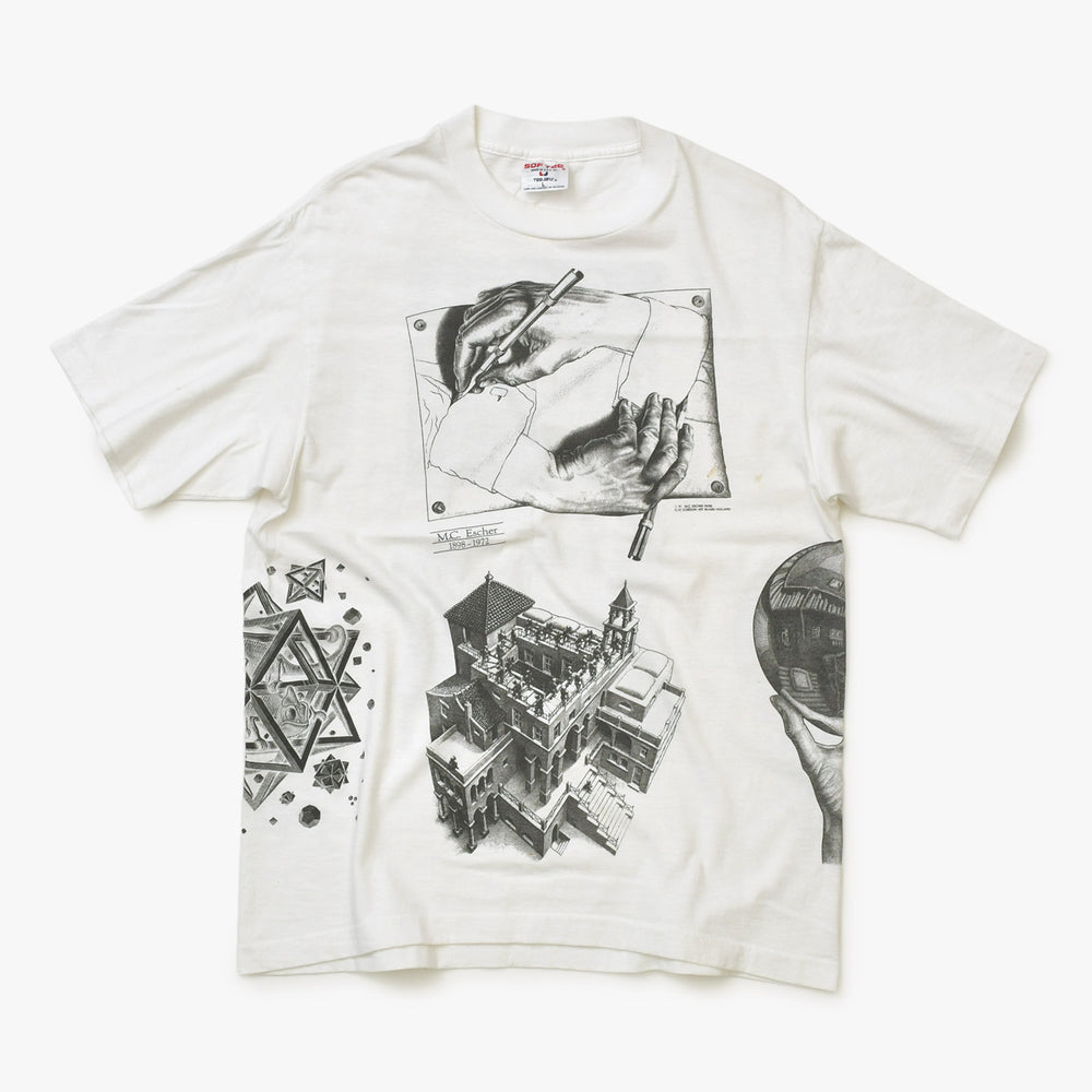 VINTAGE ヴィンテージ M.C. Escher マウリッツ エッシャー アート 半袖Ｔシャツ ホワイト コットン 1991年 絵 プリント サイズL 良品 中古 4b001568