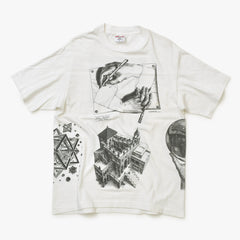 VINTAGE M.C.  Escher Maurits Escher Art Short-Sleeve T-Shirt, White Cotton, 1991 Print, Size L, Good Condition, Used, 4b001568