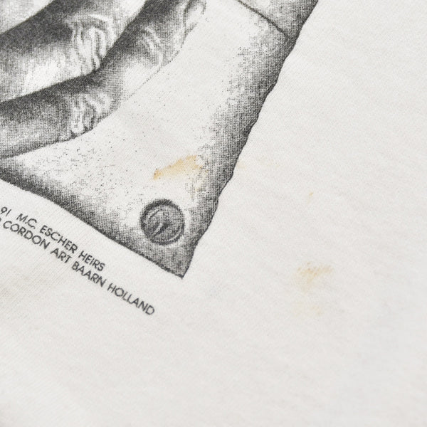VINTAGE M.C.  Escher Maurits Escher Art Short-Sleeve T-Shirt, White Cotton, 1991 Print, Size L, Good Condition, Used, 4b001568