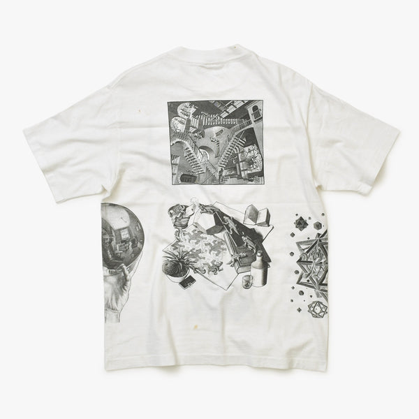 VINTAGE M.C.  Escher Maurits Escher Art Short-Sleeve T-Shirt, White Cotton, 1991 Print, Size L, Good Condition, Used, 4b001568