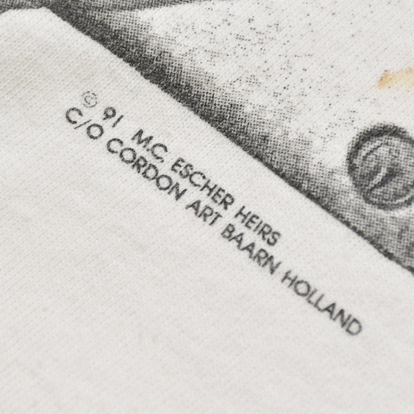 VINTAGE M.C.  Escher Maurits Escher Art Short-Sleeve T-Shirt, White Cotton, 1991 Print, Size L, Good Condition, Used, 4b001568