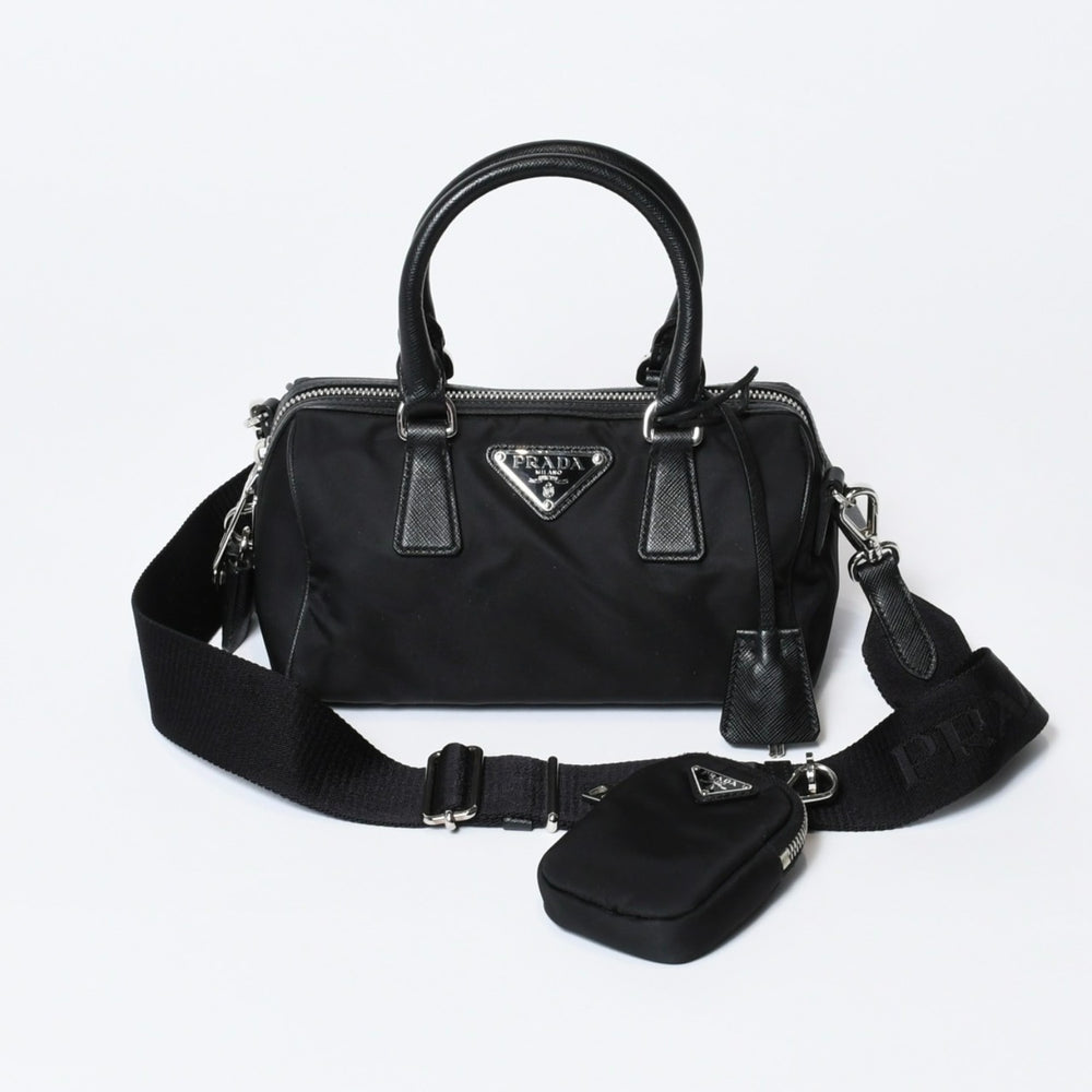 極美品 PRADA プラダ 三角ロゴ ショルダーバッグ 1BB846 ブラック レザー ジャガード シルバー金具 中古 4b013698