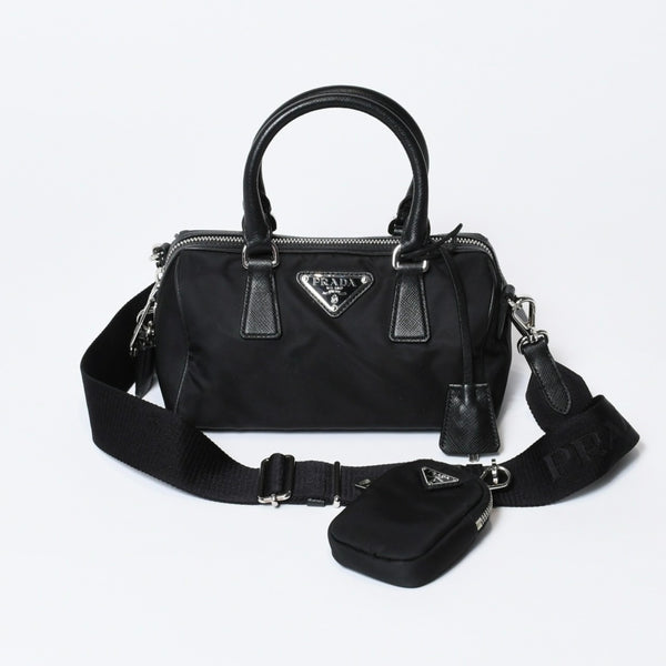 極美品 PRADA プラダ 三角ロゴ ショルダーバッグ 1BB846 ブラック レザー ジャガード シルバー金具 中古 4b013698
