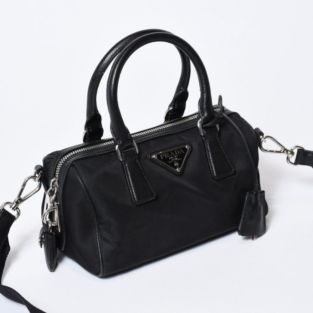 Very good condition PRADA triangle logo shoulder bag 1BB846 black leather jacquard silver metal fittings used 4b013698