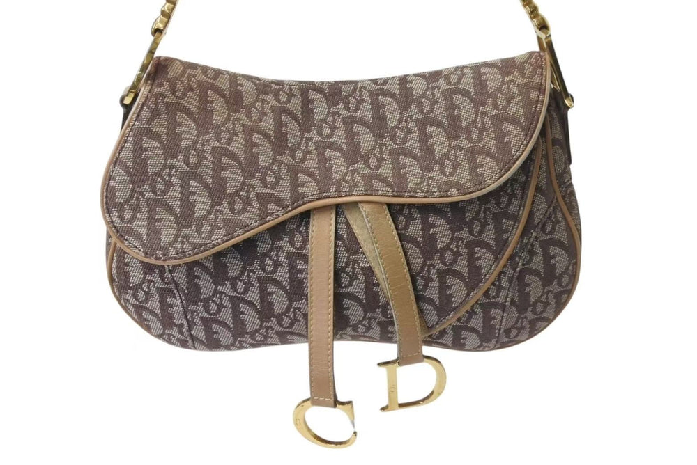 Christian Dior One Shoulder Bag Trotter Double Saddle Brown Galliano Period Good Condition Used 4b001610
