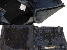 画像をギャラリービューアに読み込む, CHROME HEARTS クロムハーツ デニムショーツ ショートパンツ サイズ26 セメタリークロス デニムパッチ シルバー925 12パッチ 美品 中古 4b001646