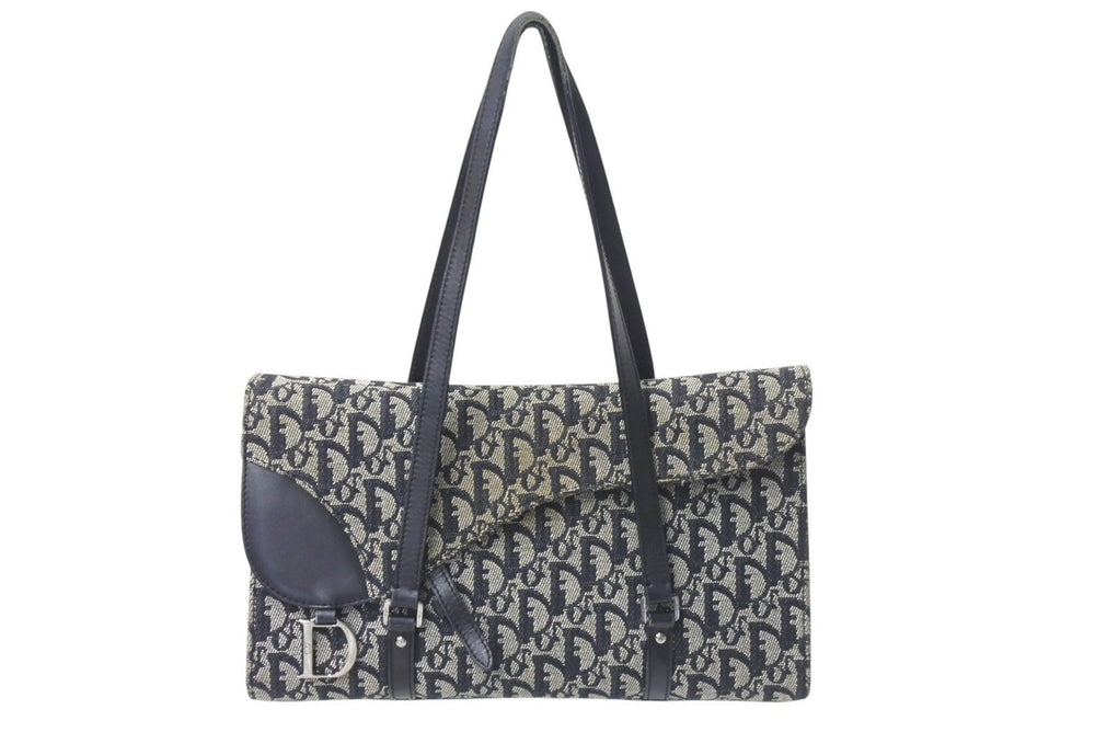 Christian Dior One Shoulder Bag Trotter Pattern Leather Black Cotton Canvas Good Condition Used 4b001654