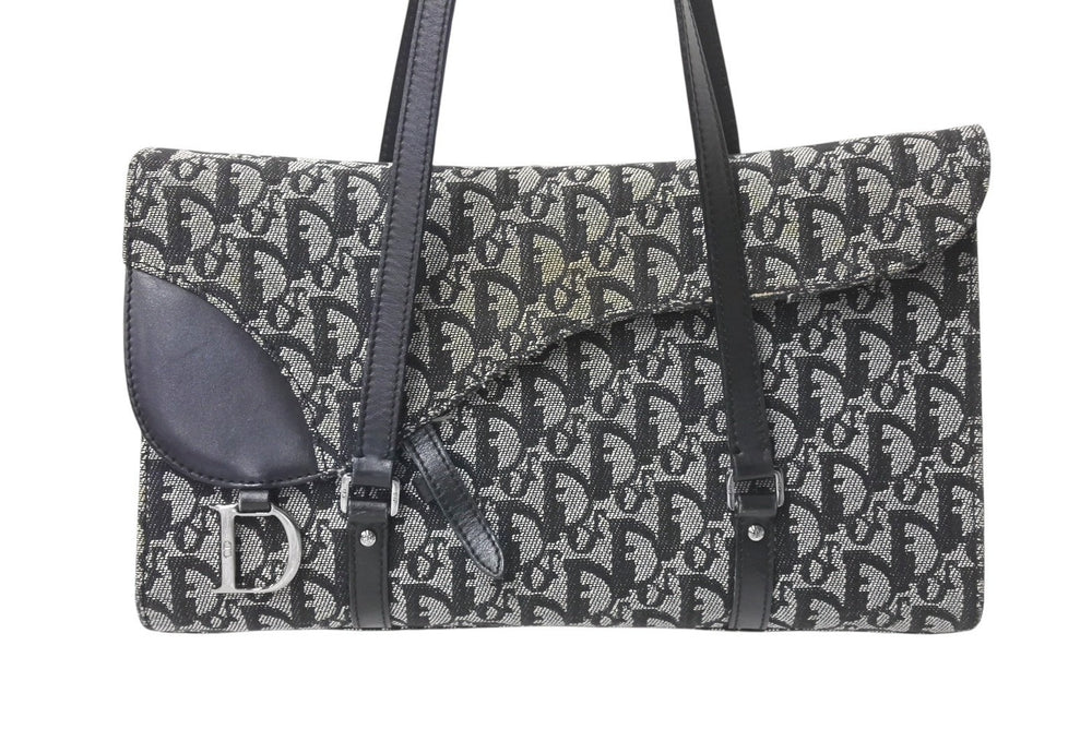 Christian Dior One Shoulder Bag Trotter Pattern Leather Black Cotton Canvas Good Condition Used 4b001654