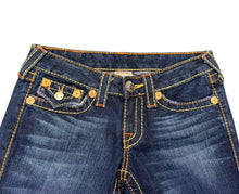 Load image into Gallery viewer, TRUE RELIGION トゥルーレリジョン RAINBOW JOEY レインボーステッチ フレアデニムパンツ 009-024984 インディゴ サイズ27 美品 中古 4b001680